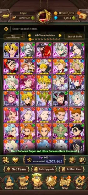 Global, 2.208💎6,2 Million buff, 8LR + 13UR + 16 collab chars : Full 9 chars Collab Rezero + Full Gachiakuta + Full Collab Fire Force, have newest UR Meliodas LR + Special Reward Box, Story at chap 13 + Side Story all fresh