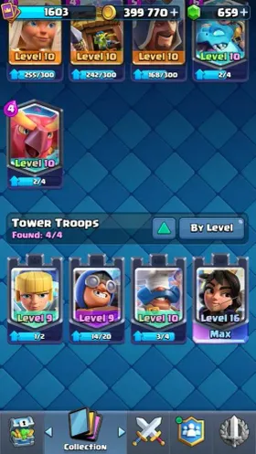 Mobile |Trophy 14000 |KTL 16|7 Max L16 Cards| Evo 12|Hero 6| 8 Champ Card | 399k Gold |659 Gem| TakeMail CR113B