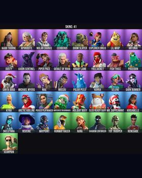41 Skins Aura ⭐️ Michael Myers ⭐️ Poised Playmaker ⭐️ Korra ⭐️ Cerberus ⭐️ SHADOW Enforcer ⭐️ Toy Trooper ⭐️ Dark Bomber ⭐️ Sentinel ⭐️ Skeletara ⭐️ Kyra ⭐️ Kado Thorne ⭐️ Aphrodite ⭐️ Nolan Chance ⭐️ Doom Slayer ⭐️ Explorer Emilie ⭐️ m9884706414