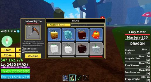 Blox Fruits | Max Level Account (2450) | Dragon | 47M+ Beli | 38K+ Fragments | Hallow Scythe, Soul Guitar | Automatic Delivery - No Bindings