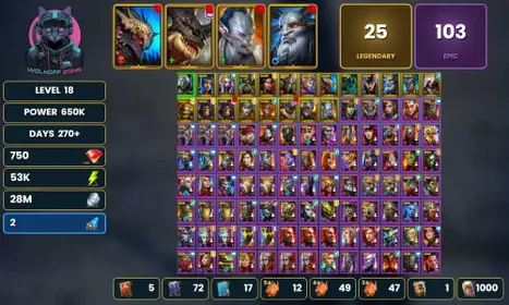 Opardin,Nethril,Skull Lord!25 Legendary, 103 Epic Champion! 2 Ancient Shard! 53K Energy, 28M Silver, 750 Gems! Changeable Mail, No Ban, No Link