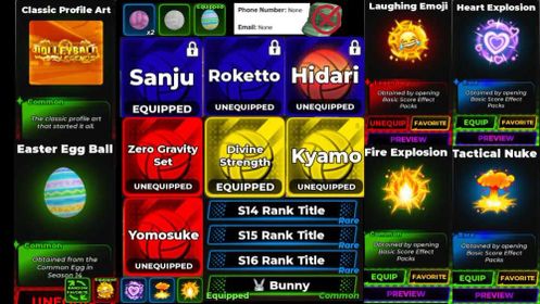 185🏐Volleyball legends 3Secret 🎀Style: Roketto Sanju + Hidari + 5stol 🎀Ability: Zero Gravity set + Divine Strength 🟢the acc no email/no phon🟢The account does not have a green hat 🎀You can feel comfortable purchasing my account✅Auto Delivery