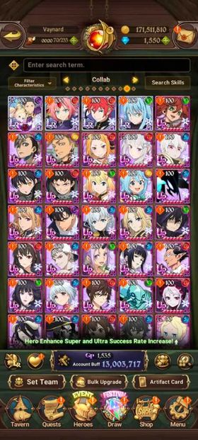 Global, 1.600💎 13 Million buff, 23LR + 🔥17UR + 45 collab chars ,, code only full unlink