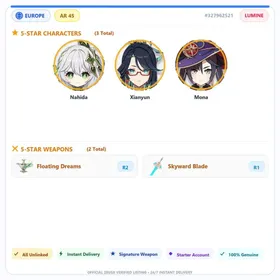 [EU] AR45 | Nahida+Xianyun+A Thousand Floating Dreams R2+Skyward Blade+Mona | 0-5000 Primogems | Female | All Unlinked