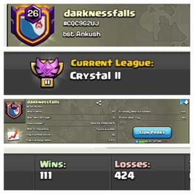 CU-3331➤CLAN LEVEL 26 ➤ CRYSTAL LEAGUE 2➤NAME:Darknessfalls  ➤ RARE ENGLISH NAME ➤ CLAN CAPITAL 10 || WIN- 111 | LOSS- 424➤LOW PRICE