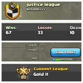 ➤CLAN LEVEL 10➤ GOLD LEAGUE 2➤NAME: Justice league ➤ RARE ENGLISH NAME ➤ CLAN CAPITAL 7|| WIN- 67 | LOSS-33 ➤LOW PRICE
