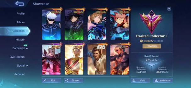 [IOS/ANDROID] CEL LVL 118 | 133 HEROES | 374 SKINS | EXALTED 2 | GORD LEGEND - JJK FULL SET GOJO MEGUMI YUJI NOBARA - 2 COLLECTOR VALE CECILION - 4 KOF GUSION - DUCATI LEOMORD - STARWARS ALUCARD - CLINT M2 - GOOD WR - EPIC RECALL