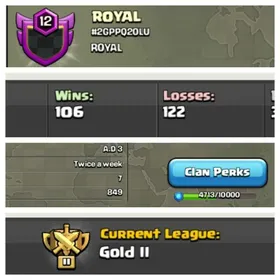 ➤CLAN LEVEL 12 ➤ GOLD LEAGUE 2➤NAME: ROYAL ➤ RARE ENGLISH NAME ➤ CLAN CAPITAL 7|| WIN- 106 | LOSS-122 ➤LOW PRICE