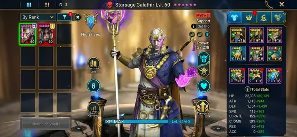 RSL# 105➤Lvl60➤2 Mythicals (Starsage Galathir + Nell Blackteeth)➤Gnishak➤Sun Wukong➤17.8K Energy➤3.5K Gems➤15M Silver➤ezio➤mikey➤ninja➤