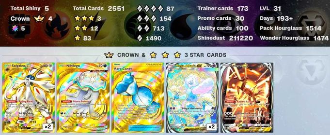 3623 ENG cards ✨Pack Hourglass 2470 ✨7 Crown (Aegislash, Miraidon ex, Nihilego, Klefki, Rare Candy) ✨Total Shiny 8 ✨3*(AR+) 5 ✨Poke Gold 43-Pokemon TCG Pocket Account