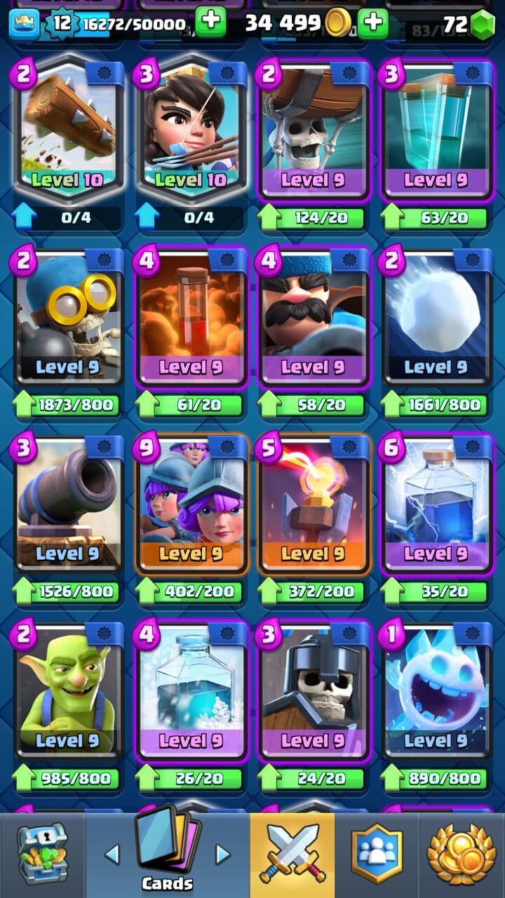 KT 124 LVL 13 Cards, 5 LVL 14️34499 Golds72 Gems️19 Emotes1 Tower  Skins️HTrophies: 6342Change Name: 500 Gems
