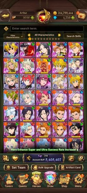 Global, 2.156💎5,4 Million buff, 9LR + 9UR + 13 collab chars : Full 9 Rezero chars + Full 4 chars Gachiakuta, have UR Nemesis Meliodas LR 2/6 + MerlinEscanor 2/6 + Special Reward Box, Story at chap 13 + Side Story all fresh untouch