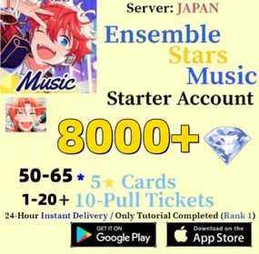 JP|[Fast Delivery]8000-9000 Diamonds+Tsukinaga Leo | +50-65 Random 5 stars +| 1–20 ten-pull tickets | Android|IOS | Ensemble Stars Music