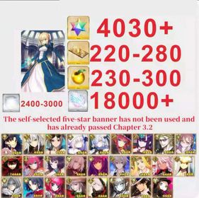 Japen server|4030+ Saint Quartz +Characters in the picture+ Call Sign 220-280 +Golden Fruit 230-300[See Picture]|Optional five stars not used + Plot has passed 3.2|Android|iOS |DCL0101|Fate Grand Order