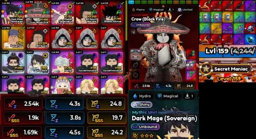 3 Secret / 1 Mythic Shiny Dark Mage | 5 Unbound DPS SSS/Z | Secrets Maniac | Level 159 | Crow - 8th Sword - Shadow - Dark Mage - Puppet | Unverified | Instant Delivery [RBLx116]