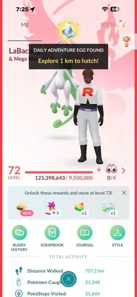 LVL 70 | HUNDOS 25 | 216 SHINY | 245 LEGENDARIES | 1 MYTHICAL | 58 SHADOWS | 118 SPECIALS | 44 MEWTWO | 74 ULTRA BALLS | 2 MASTER BALLS |   Account Overview  Trainer Level: 72  Stardust: 14,486,440  Pokémon Caught: 51,348  PokéStops Visited: 21,664  Distance Walked: 757.2 km Pokémon Highlights  Top CP: Mega Mewtwo Y (CP 4524)  Legendary Pokémon: 245  Shiny Pokémon: 216  Perfect (4★ / 100% IV): 25  Shadow Pokémon: 58  Special Backgrounds: 50  Location Backgrounds: 15  Adventure Effect: 1  Mewtwo Mega Energy: 3,850 Mega X Energy | 12,600 Mega Y Energy Pokédex Status  Kanto Dex: 151 / 151 (Completed)  Shiny Dex: 92  XXL Dex: 212 Inventory & Items  Master Balls: 2  Rare Candies: 185 Rare Candy | 20 Rare Candy XL  Elite TMs: 1x Elite Fast TM | 2x Elite Charged TM  Standard TMs: 96x Fast TM | 90x Charged TM  Boosts: 19x Lucky Egg | 15x Star Piece | 14x Incense  Berries & Coins: 319x Golden Razz Berry | 655x Gimmighoul Coins