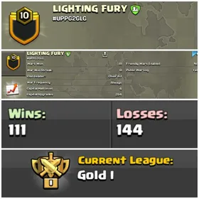 || CLAN LEVEL 10 ||  GOLD LEAGUE 1 || NAME: LIGHTING FURY || RARE ENGLISH NAME ||  CLAN CAPITAL 4 || WIN- 111 | LOSS- 144 || LOW PRICE