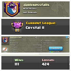 CU-3331 // CLAN LEVEL 26 //  CRYSTAL LEAGUE 2 // NAME:Darknessfalls  // RARE ENGLISH NAME // CLAN CAPITAL 10 || WIN- 111 | LOSS- 424 // LOW PRICE