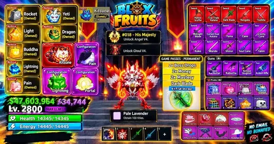 8 Permanent Fruit( Kitsune, Pain, Lightning, Portal Skin/Mutation), 2 Race V4, Complete Fighting Style,