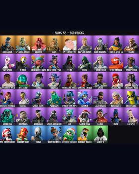52 Skins Snoop Dogg ⭐️ Hush ⭐️ Korra ⭐️ Cerberus ⭐️ Slayer Juice WRLD ⭐️ Chaos Agent ⭐️ Omegarok ⭐️ Spectra Knight ⭐️ Valeria ⭐️ Zeus ⭐️ Peter Griffin ⭐️ Captain Jones ⭐️ War Machine ⭐️ Trailblazer Tai ⭐️ Oscar ⭐️ Gwenpool ⭐️ 1-Ball ⭐️ m9541886326