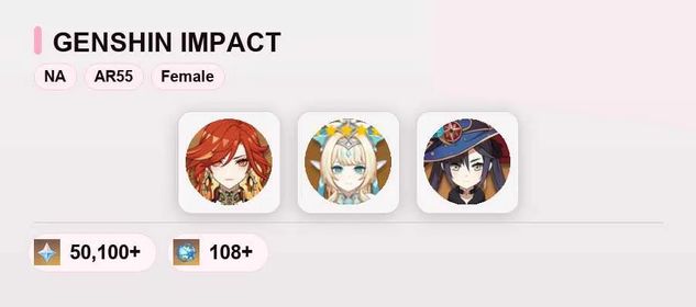 NA✨50100+Primogems✨Mavuika✨+ Vesna✨+ Mona✨AR55 ✨ See description for details.#ips