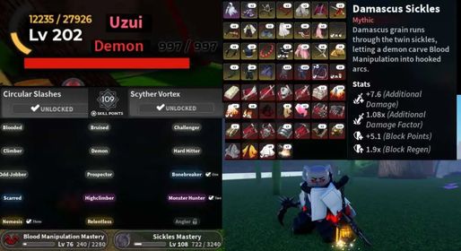 MIDGAME Slayers 2 | Level 202 | Demon Race | Uzui Clan | Damascus Sickle +8 | 112 Skill Points |  Unverified | Instant Delivery [RBLx132]