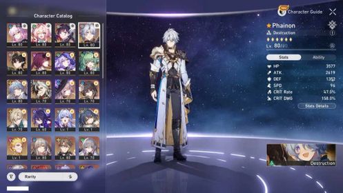 (NA FEMALE LV69) 5*Phainon, 5*Hysilens, 5*Hyacine, 5*Evernight, 5*Kafka, 5*Black Swan, 5*Huohuo C1, 5*Sunday, 5*Boothill, 5*The Herta, 5*Ruan Mei