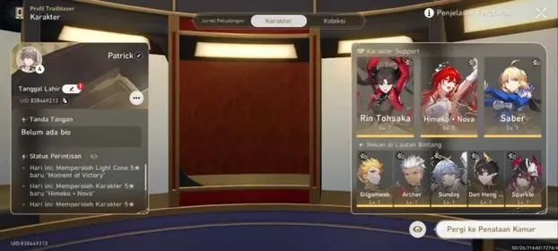 Asia | TL 4 Male | Rin Tohsaka + Himeko Nova + Saber + Sunday + Gilgamesh + Archer + Danheng PT + Sparkle + Guarantee Banner LC (Non Collab) + Golden Companion x3