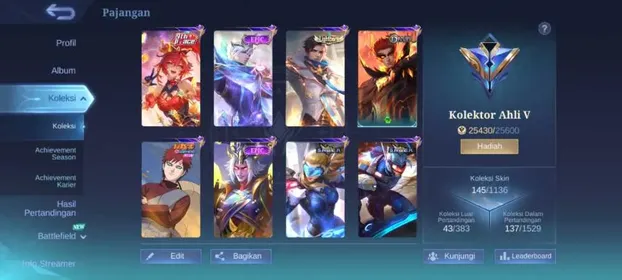 EX 343|LV 47|HERO 94|SKIN 145|EXPERT V|ALL MAX EMBLEM|FANNY P.ACE|SUN LUNARFEST|AKAI ANNIVERSARY|VALE GAARA|GROCK VENOM|GRANGER LIGHBORN|3 SABER|3 EPIC|