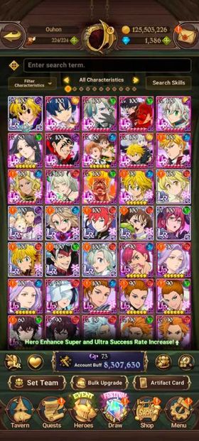 Global, 1.391💎 UR Gawain 2/6. 8,3Mil buff, 10LR +14UR+11 collab chars : Full Gachiakuta + 5 chars Rezero + Fire Force Sho + konosuba Aqua, have newest UR Gawain 2/6 + UR Nemesis Meliodas + Another Meliodas + Another Ban