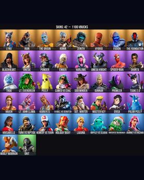 42 Skins Peely ⭐️ Rippley vs Sludge ⭐️ Omega Knight ⭐️ Erisa ⭐️ The Foundation ⭐️ 8-Ball vs Scratch ⭐️ Trog ⭐️ Onesie ⭐️ Fusion ⭐️ Remedy vs Toxin ⭐️ Spider-Man ⭐️ Ember ⭐️ Blackheart ⭐️ Hybrid ⭐️ Zenith ⭐️ Lynx ⭐️ Cameo vs Chic ⭐️ Sentin m9898036676