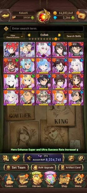 Global, 2.375💎 new UR Odin. 8,2Mil buff, 12LR +Full🔥18UR +20 collab chars : Gachiakuta + Rezero + Fire Force + Konosuba + Tower of God, have 183x LR coin + Special Reward Box