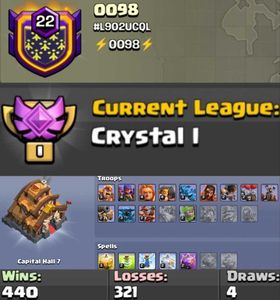 LEVEL 22 🦅AWESOME NAME "0098"👿 WINS (440) : LOSE (320) 👑 CRYSTAL LEAUGE 1 CWL 🏆HIGH CLAN CAPITAL 7 MAXED 👿 ACTIVE &amp; UNDER CHEAP 🏆QUICK DELIVERY 🛩@N