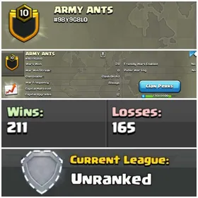 || CLAN LEVEL 10 ||  UNRANKED ||NAME: Army Ants || RARE ENGLISH NAME || || WIN- 211 | LOSS- 165 || LOW PRICE