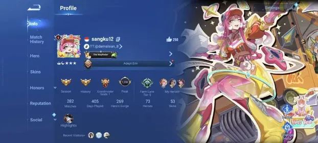 Starter Hero 73 Skin 53: Cosmic Cravings (Erin, Dun, Alessio) Legend Butterfly, Many Epic Da Qiao, Erin, Gao, etc Log google+LI