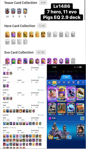 #CR658 ❤️LV1486 WITH 7 HERO, 11 EVO| PIGS EQ 2.9 DECK❤️
