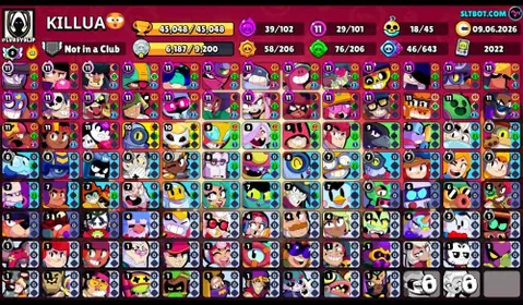 45k trophies • 29 Maxed • 23 hyper active • 60 Name change • 200 gems • 190 skins all rare • 101 brawler