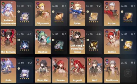 ASIA E2S1 (Saber, Gilgamesh, Archer, Rin) E1S1 Summeretto Robin, E0S1 (DHPT, HuoHuo), Tribbie, Ruan Mei