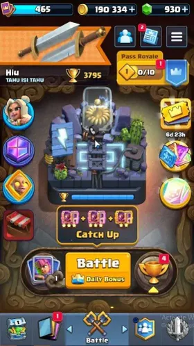 Lv 465|Trophy 3795|KTL 10|Card 59/122|3 EVO,2 Legendary 11 Epic,21 Rare,25 Common|930 Gem|Take Mail(CR1051)