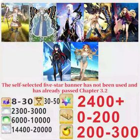 Japen server|2400+ Saint Quartz +Characters in the picture+ Call Sign 0-200 +Golden Fruit 200-300[See Picture]|Optional five stars not used + Plot has passed 3.2|Android|iOS |DCL094|Fate Grand Order