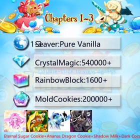 Pure Vanilla|Eternal Sugar Cookie+Ananas Dragon Cookie+Shadow Milk+Dark Cocoa+Wind Archer Cookie+Black Pearl Cookie|Crystals540000+|Rainbow Cubes200000+|Cookie Cutters1600+|Chapters 1-3 iOS/Android/Starter Account|244587X