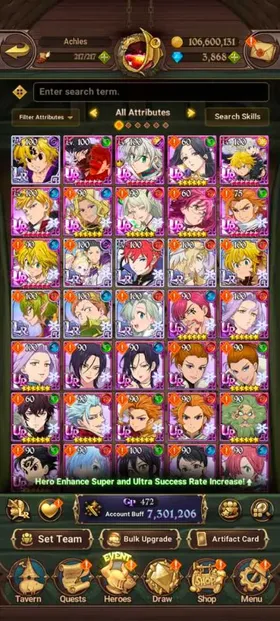 Global, 3.923💎 7,3 Million buff, 8LR + 11UR + 15 collab chars : Full Gachiakuta + 6 char Rezero + Full Konosuba + Fire Force Sho + Shinra , have UR Nemesis Meliodas LR + Special Reward Box