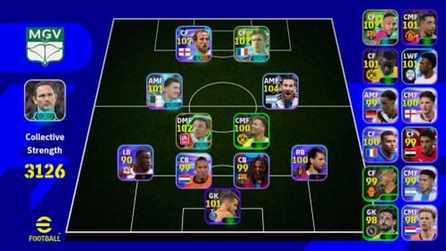 STRENGTH 3126 - HARRY KANE 107 - ERIC CANTONA 102 - MESSI 104 - IBRAHIM MAZA 101 - VAN BOMMEL 102 - EFB348