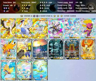 5134 ENG cards ✨Pack Hourglass 2489 ✨5 Crown (Lugia ex, Gholdengo, Nihilego, Bombirdier, Arboliva) ✨Total Shiny 38 ✨3*(AR+) 13 ✨Poke Gold 49