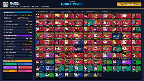 GEMS SPENT 46017 💙 103k TROPHY 💙 413 SKINS 💙 DARK LORD SPIKE 💙 REBEL LOLA 💙 SOVEREIGN RICO 💙 SOVEREIGN GEM RICO 💙 SCRATCHER POCO 💙 GODZILLA BUZZ 💙 MANGA KENJI 💙 TOON SPIKE 💙 MECHA MORTIS 💙 DARK MECHA MORTIS 💙 MECHA CROW 💙 JOCK STU 💙 106 BRAWLERS 💙 74 MAX