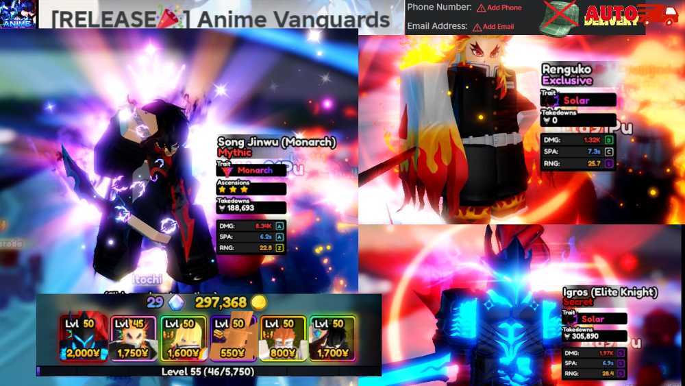 AV36Anime Vanguards Lv.55⭐️⭐️⭐️Sung Jin Woo 0.1 Monarch ⭐️Igros(Elite Knight) Solar ⭐️Renguko