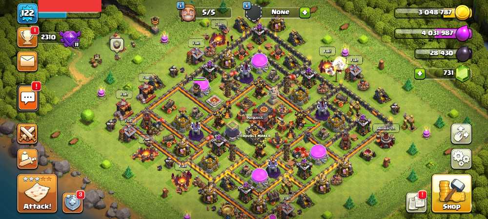 Townhall 10 Level 122 King 23 Queen 27 Gems 731 Account is 100% safe.