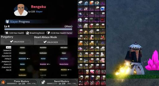 ENDGAME Slayers 2 | Level 225 | Renggoku Clan | Flame Breathing | Maxed Slayer | Purgatory + Heart Ablaze Mode | Unverified | Instant Delivery [RBLx134]