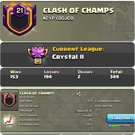 CU-3157 // CLAN LEVEL 21 // CRYSTAL LEAGUE 2 // NAME: CLASH OF CHAMPS // RARE ENGLISH NAME // CLAN CAPITAL 10 || WIN- 153 | LOSS- 194 // LOW PRICE