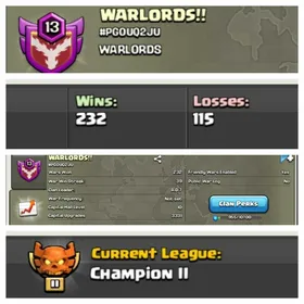 CU-3331➤CLAN LEVEL 13 ➤ CHAMPION LEAGUE 2➤NAME: WARLORDS!!➤ RARE ENGLISH NAME ➤ CLAN CAPITAL 10 || WIN- 232 | LOSS-115 ➤LOW PRICE